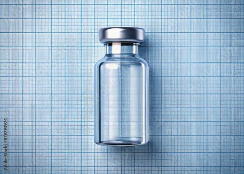 A single vaccine diluent ampule sitting on a modern medical illustration blueprint, featuring a subtle grid pattern and minimalistic aesthetic, with the focus on the ampule's shape, label