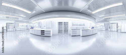 360 degree panoramic view of a spacious minimalist modern technology lab interior featuring a clean and empty design rendered in 3D