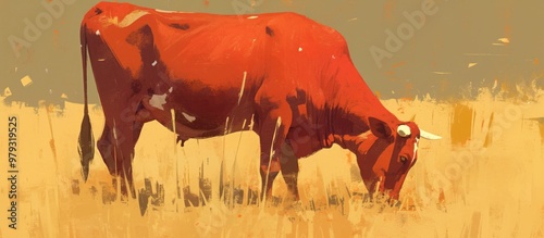 Painting of a red cow grazing in a lush pasture