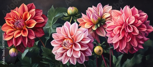 Painting of dahlia a bushy tuberous perennial plant with numerous species showcases its vibrant beauty with some varieties reaching impressive heights