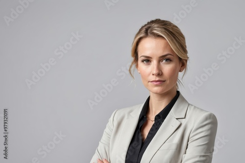 caucasian successful confident young businesswoman ceo boss bank employee worker manager with arms crossed in formal wear isolated in white background