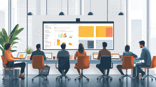 Centralized document repository, A dynamic meeting room with a centralized document management system on a touchscreen, team members engaged in role-based access discussions,