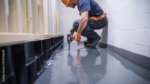 In a residential basement, a worker is installing a sump pump drainage pipe