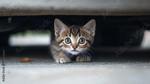 A fateful encounter with a cute stray kitten. The kitten is hiding under a car.