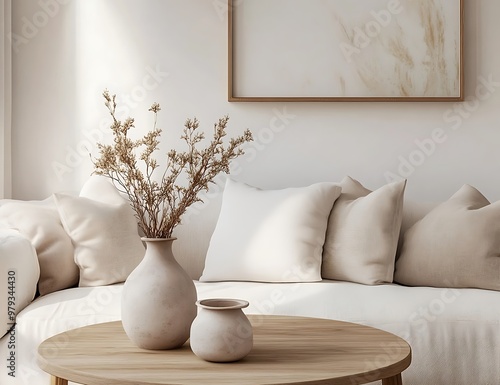 Minimalist Beige Sofa with Sunbeam and Vases