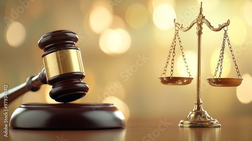 A wooden gavel and golden balance scale, symbols of justice and law, are displayed side by side on a reflective surface