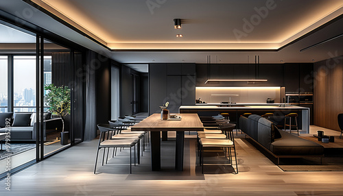 Modern minimalist style, an open kitchen and dining area with a long table, interior design of a modern Chinese high-rise residential living space. an atmosphere of luxury. High-end wooden furniture.