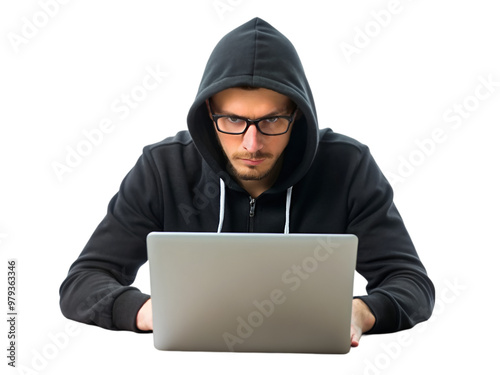 Hacker wearing a black hoodie and glasses coding isolated on transparent background