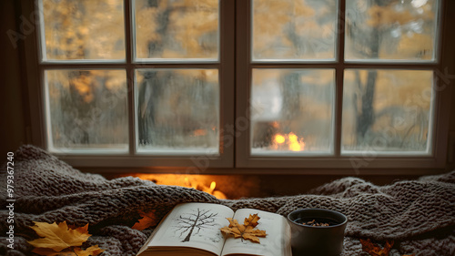 A cozy nook with a fireplace, symmetrical windows, autumn decor, and soft fabrics in beautiful chiaroscuro light