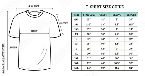 T-shirt size guide in hand drawn style