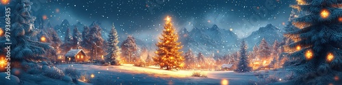 Panoramic snowy Christmas scene with lit tree and cabin