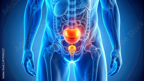 Medical illustration of MRI visualization of male pelvic organs including prostate gland and seminal vesicles on a gradient blue backdrop to enhance the visibility of anatomical structures