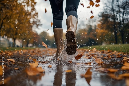 A person wearing rain boots walk in puddles on an autumn day splashing leaves ground.