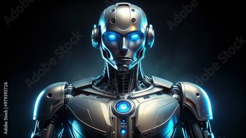 A shiny silver robot with glowing blue eyes and futuristic limbs stands against a dark background, symbolizing artificial intelligence and technological advancement.