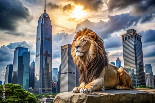 A majestic lion's regal pose contrasts with the sleek, modern skyscrapers of a bustling metropolis, symbolizing the eternal struggle between nature and urbanization.