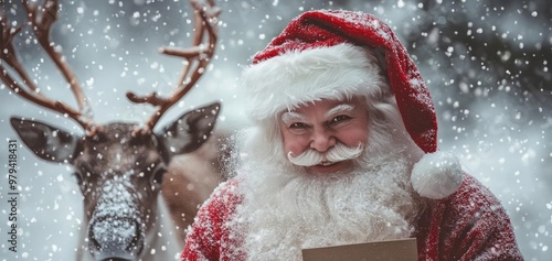 Joyful Santa Claus in a snowy scene, holding a letter with a reindeer nearby, capturing the magic of Christmas.