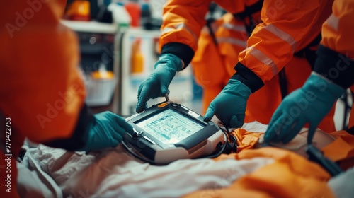 Detailed shot of paramedics using a defibrillator on a patient during a medical emergency, 16:9 ratio, [emergency treatment], [injury trauma].