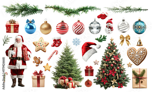 Ultimate Christmas bundle of cut-out png design elements. Santa, Christmas trees, gifts, decorations and many more.