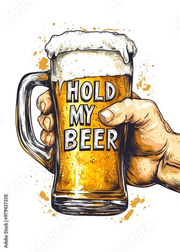 Hold My Beer Hand-Drawn Illustration: Foam Glass, Mug, and Vintage Art