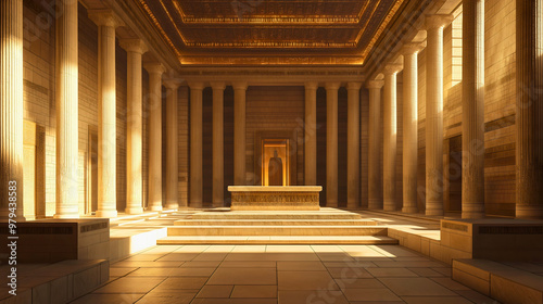 A magnificent historical structure, Solomon's Temple, featuring a large altar in the center and a grand statue at the front, as described in the Bible.