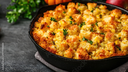 Delicious cornbread stuffing in cast iron skillet, featuring golden brown crust and fresh herbs, perfect for festive meals and gatherings