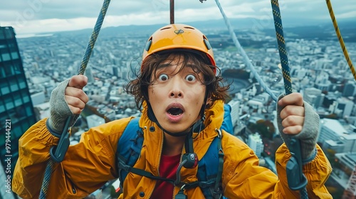 Climber hanging from ropes on urban rooftop with surprised expression, fear of heights concept