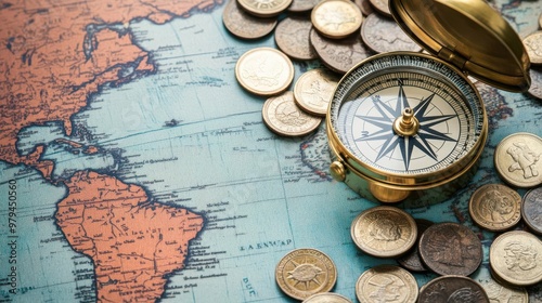 Compass on a world map with old coins, symbolizing trade and exploration routes