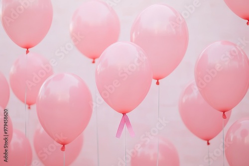 Floating pink balloons with breast cancer awareness ribbons, representing hope and support, balloons in flight, support and awareness