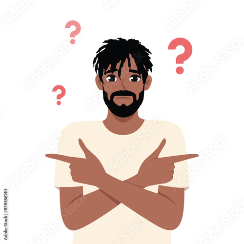 Confused man showing fingers in different directions concept. Flat vector Character illustration