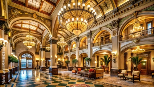 Grand historic lobby with ornate details, sweeping archways, and lavish chandeliers, evoking majesty, heritage, and sophistication.