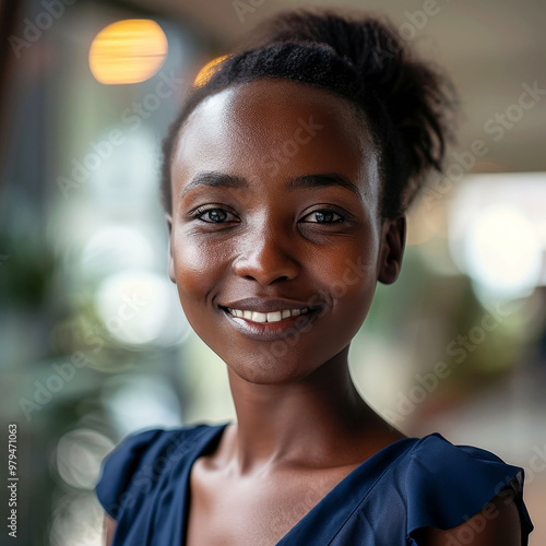 Close-up portrait of smiling Kenyan businesswoman in her 40s at workplace