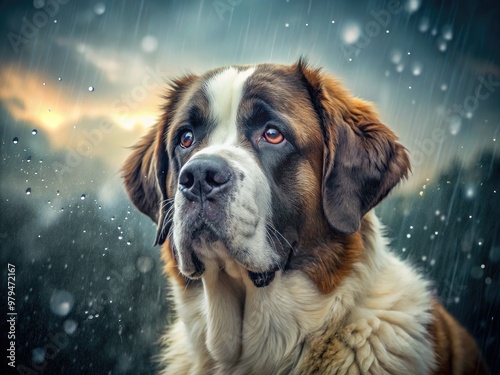 hauntingly beautiful misty rainy day atmospheric gentle saint bernard face soft focus shallow depth calm serene melancholic nostalgic romantic