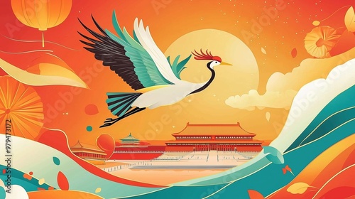 A red-crowned crane gracefully flying over Tiananmen Square in a vibrant vector illustration with geometric shapes and exquisite details. The scene features traditional Chinese architecture in a red c