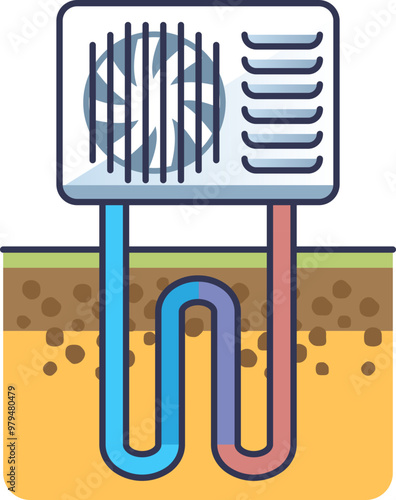 Illustration of a ground source heat pump system with pipes running underground for heating and cooling.