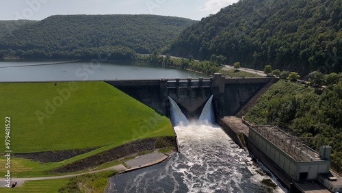 Reservoir Dam waterfalls releasing water downstream Kinzua Dam Allegheny National Forest landscape in nature