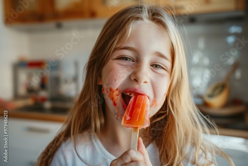 Cute and friendly teen girl posing candidly vibrant outdoor scene. Outdoorsy teen golden hair relaxed and radiating warm energy. Ice cream makes this child's day.