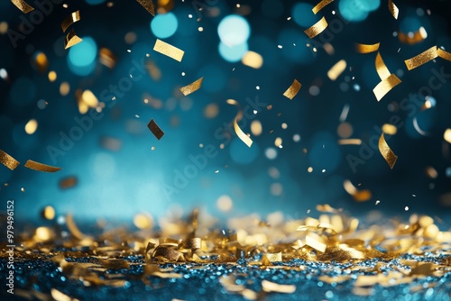 Festive new year background with golden glitter, fireworks, and shiny confetti on blue bokeh lights