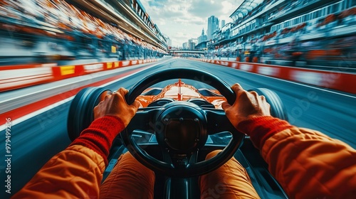 Race car driver driving fast on blurred racetrack