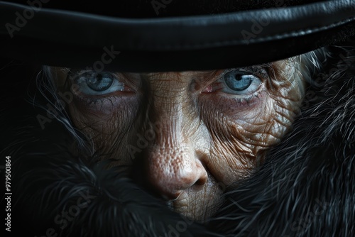 A detailed close-up portrait of an older person with intense blue eyes, wearing a dark hat and a fur-lined jacket, revealing a weathered and deeply wrinkled face