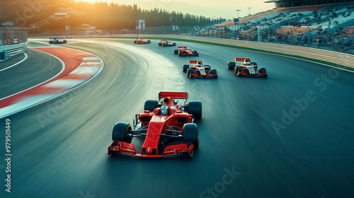 Formula 1 race cars competing on a track during grand prix