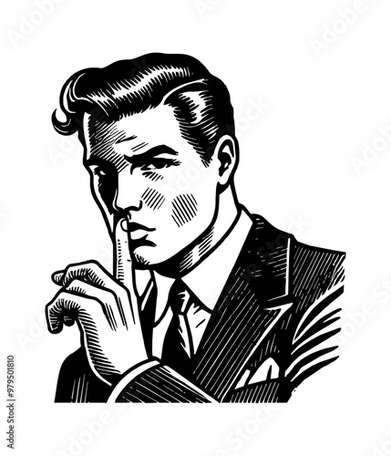 man wear suit and do silence hand gesture engraving black and white outline