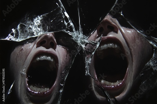 Mirror reflections of screamed faces in a disturbing scene