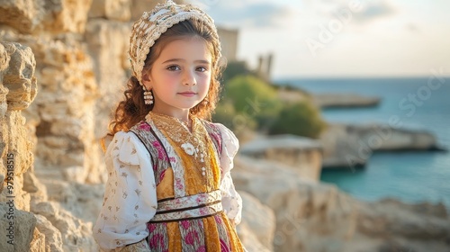 Authentic Cypriot Child in Traditional Costume Standing by Mediterranean Coastline with Ancient Ruins in Background