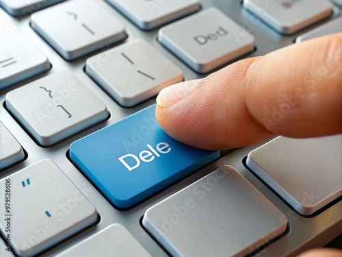 Close-up of a finger pressing the delete key on a keyboard, symbolizing erasure, correction, or removal of digital content.