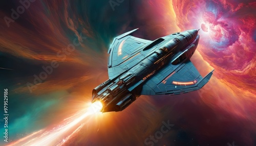 A dynamic scene of a spacecraft hurtling towards a vibrant, swirling nebula in deep space. The intense colors and motion suggest a thrilling space adventure, ideal for sci-fi enthusiasts and