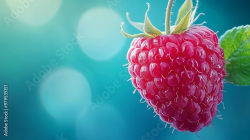  A tight shot of a ripe raspberry against a blue backdrop, its verdant leaf contrasting vividly nearby Bokeh light softly caresses the scene