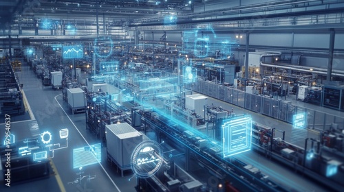 Smart Factory Innovation, showcasing IoT devices seamlessly integrated into production lines, optimizing efficiency, monitoring systems, and enhancing overall manufacturing processes