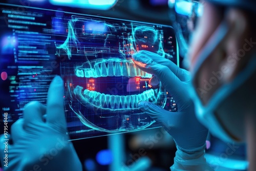 Dentist analyzing 3D dental X-ray on holographic screen