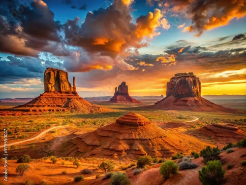 A serene sunset casts warm orange hues over the rust-red rock formations of Monument Valley, Arizona, amidst sweeping desert landscapes and endless blue skies.