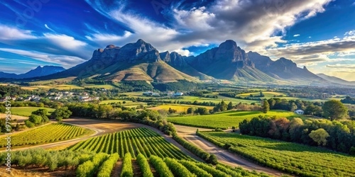 Breathtaking vista of Somerset West's rolling hills, verdant vineyards, and majestic Helderberg Mountains, set against a vibrant blue sky near Cape Town, Western Cape.